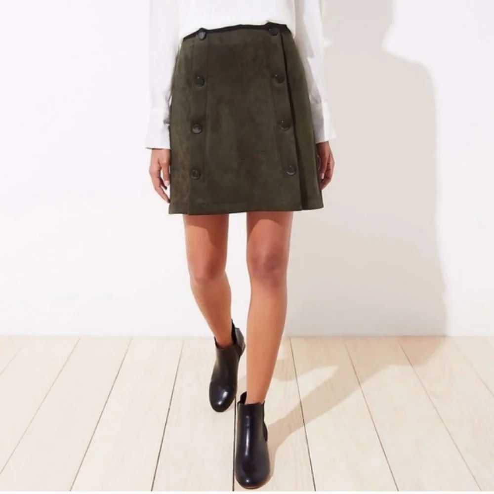 Loft Ann Taylor Suede Dark Olive Green Front Button A-line Mini Skirt